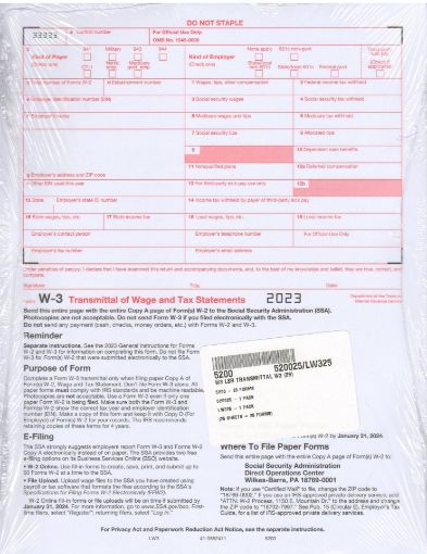 Picture of 5200 | W-3 Federal Transmittal of Income & Tax Statement - Red Copy