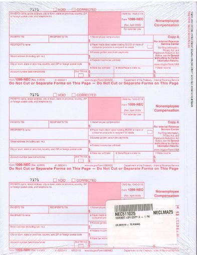 Picture of NEC5110 | 1099-NEC Federal Copy A (Red)  3-Up Format