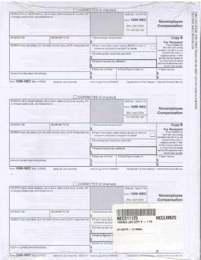Picture of NEC5111 | 1099-NEC Recipient Copy B  3-Up Format