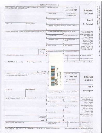 Picture of 5121 | 1099-INT Recipient Copy B  2-Up Format